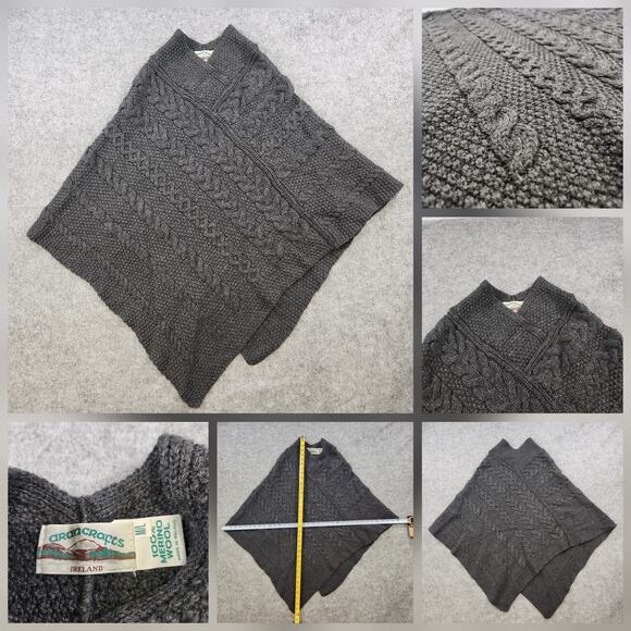 Aran Crafts Poncho Womens Medium Large Gray 100% Merino Wool Cable Knit Ireland - Picture 1 of 12
